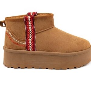 Chestnut Suede Platform Ankle Bootie with Red Trim